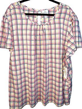 New! St John's Bay Women's Plaid Short Sleeve Blouse 3X Cotton/Rayon